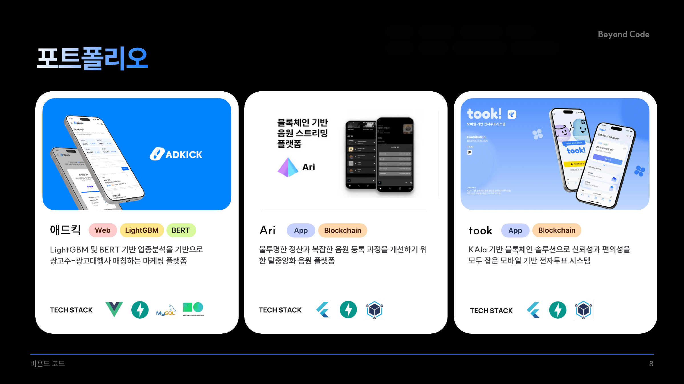 Ari 블록체인 음원 플랫폼이 포함된 포트폴리오 보드